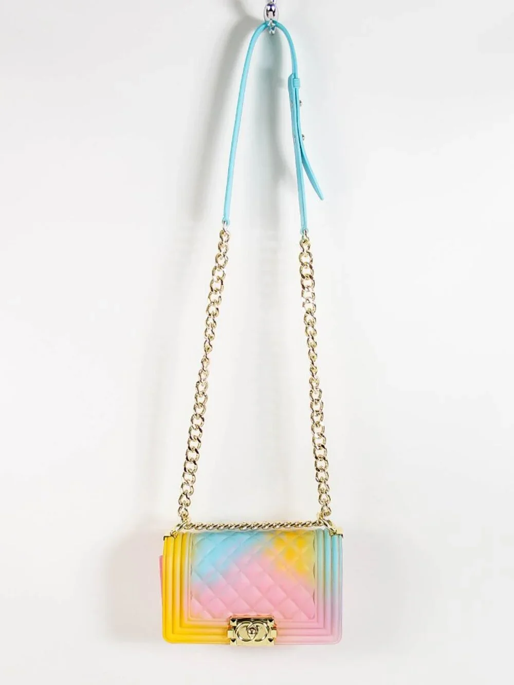 Pastel Rainbow Jelly Crossbody Bag Gold Chain Strap Quilted Candy Color Purse